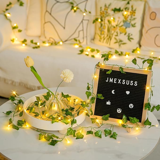 JMEXSUSS 100 LED Vines with Lights Plug in, Ivy Vines with Fairy Lights with Remote, 33 FT Leaf String Lights Waterproof for Room Bedroom Wall Fireplace Christmas Decoration（Warm White）