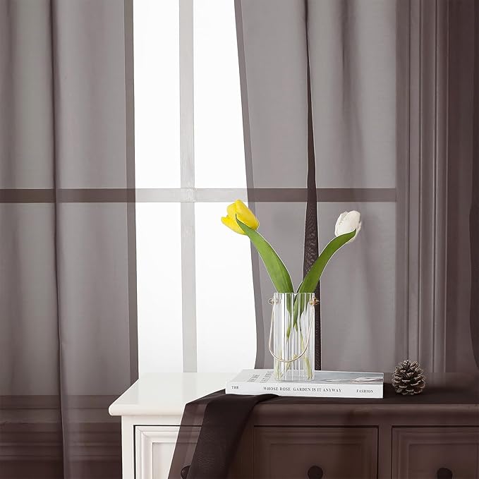 Lecloud Sheer Curtains 45 Inch Length 2 Panels Set, Chocolate Solid Voile Rod Pocket Curtain Drapes for Small Windows, Modern Tulle Curtains for Bedroom Bathroom Basement, Each Panel 42 X 45 Inch