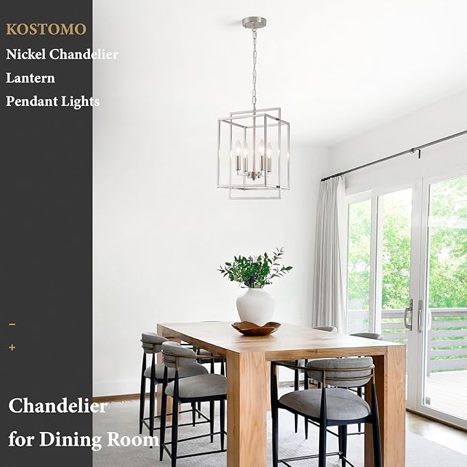 Nickel Chandelier Dining Room Light Fixture Lantern Chandeliers Iron Farmhouse Pendant Light Rustic Rectangle Adjustable Height Modern Kitchen Light for Living Room Entryway