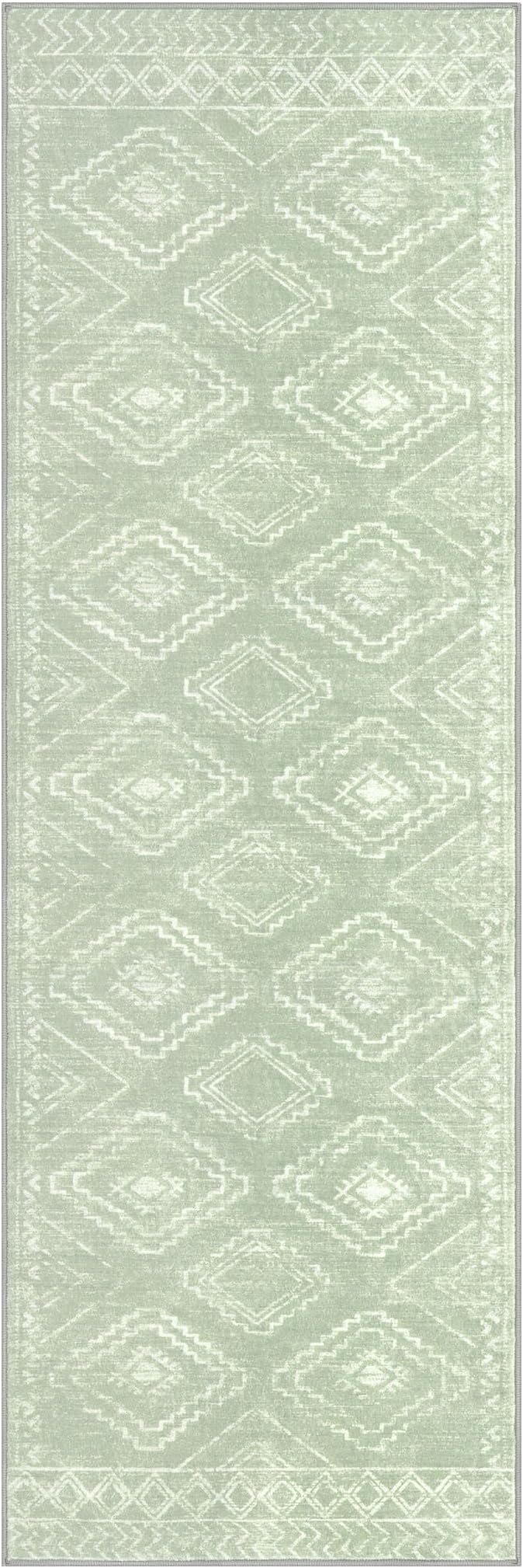 KILOCOCO Boho Kitchen Runner Rug 2x6 Washable Soft Runners for Hallways Non Slip Printed Distressed Laundry Room Rugs, Low-Pile Rugs for Entryway/Bedroom/Living Room, Grey Green
