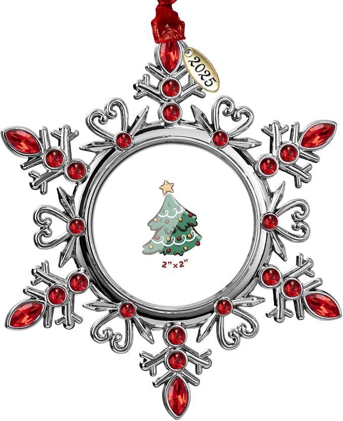 2025 Snowflake Picture Frame Christmas Ornaments 2" Metal Hanging Pendant for Tree Small Decorative Keepsake, Display Photo for Baby and Pet (Red (2025))