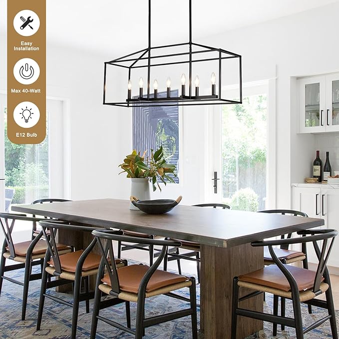 Dining Room Chandelier,7 Light Kitchen Island Light Modern Farmhouse Chandeliers Contemporary Pendant Light Matte Black Finish Rectangle Modern Pendant Light Adjustable Height