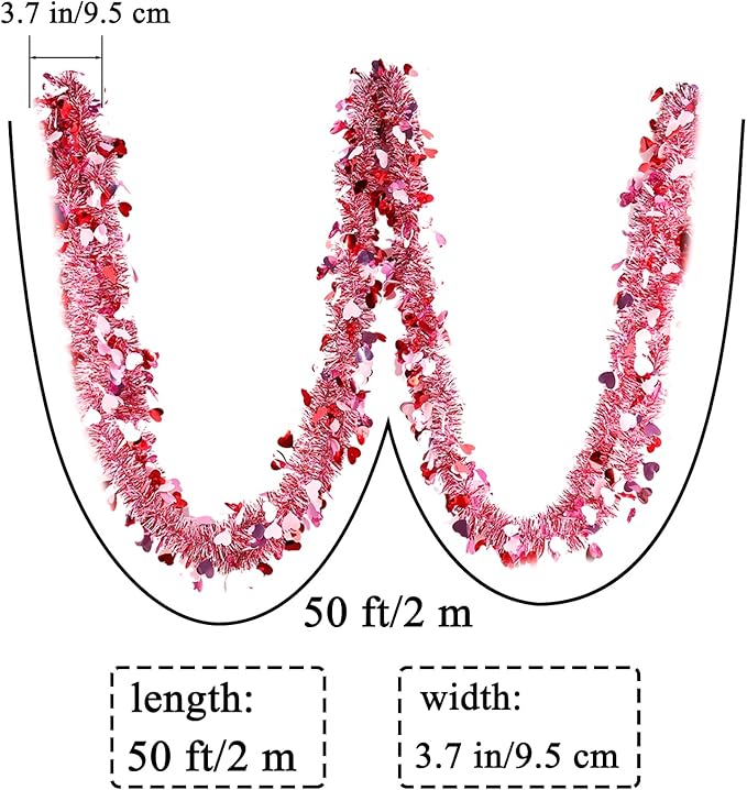Valentines Garland Decor,50Ft Glitter Tinsel Heart Garland Decorations for Tree Mantle Bedroom Office Classroom Party Indoor Outdoor Holiday Home Pink Red White