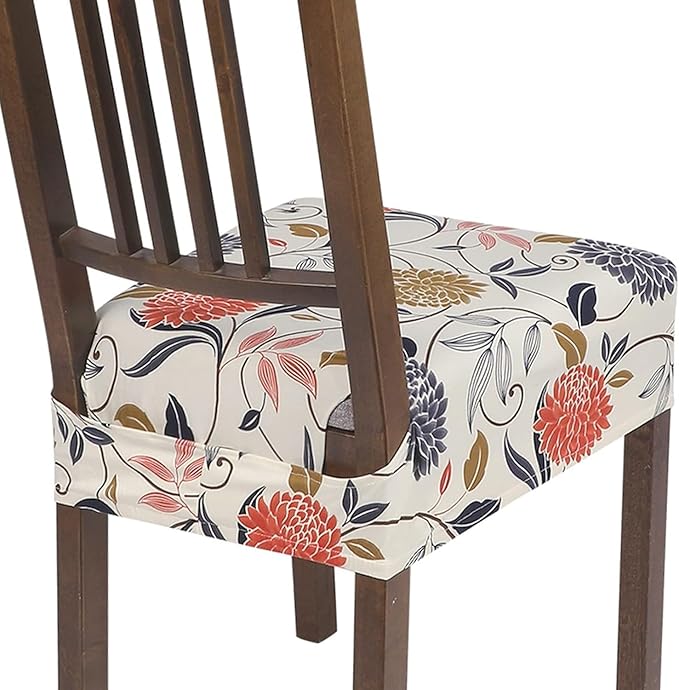 SearchI Stretch Dining Chair Seat Covers Set of 2, Soft Washable Seat Covers for Dining Chairs, Dining Room Seat Cover Protector (Rear-Covered, Orange Flowers)