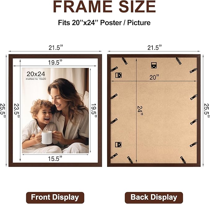 20x24 Picture Frame with Mat for 16x20 Set of 3, Dark Brown Wood Grain 20x24 Frame for Horizontal & Vertical Wall Mounting (3 Pack,Walnut)