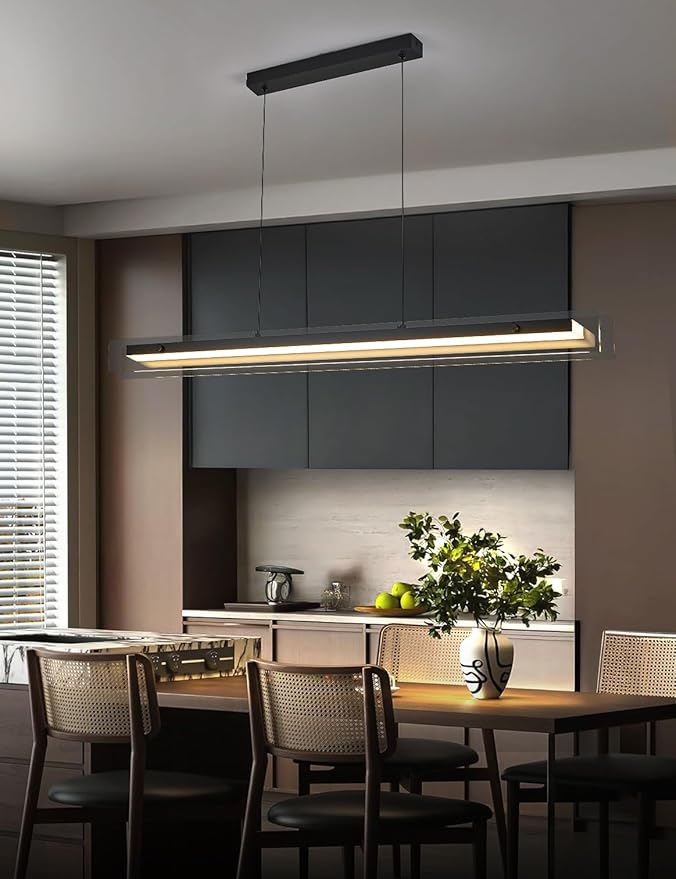 Glass Modern Black Linear Pendant Light - LED Hanging Kitchen Island Lights, Adjustable Dimmable Ceiling Fixtures, Minimalist Chandelier for Dining Room, Bar (63")