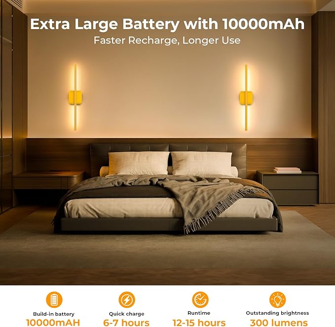 1 Pack Battery Operated Wall Sconce Detachable 360°Rotate, Wireless Wall Lamp 3000-6500K Dimmable, 10000mAh Rechargeable Wall Light for Bedroom, Living Room，28" Gold