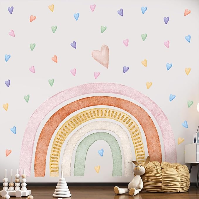 Large Rainbow Wall Decals, Peel and Stick Watercolor Pink Rainbow Wall Stickers, Multicolor Colorful Hearts Wall Decor for Girls Bedroom Nursery Classroom Playroom Living Room