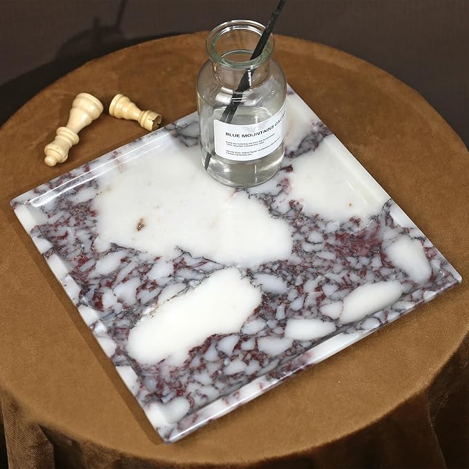 Natural Marble Tray, Coffee Table, Food, Fruit, Paper Cup, Cake Display, Coffee bar, Family Gatherings, Seasonal Holiday Decoration Tray(Viola-Square-9.8"x9.8"x0.7")