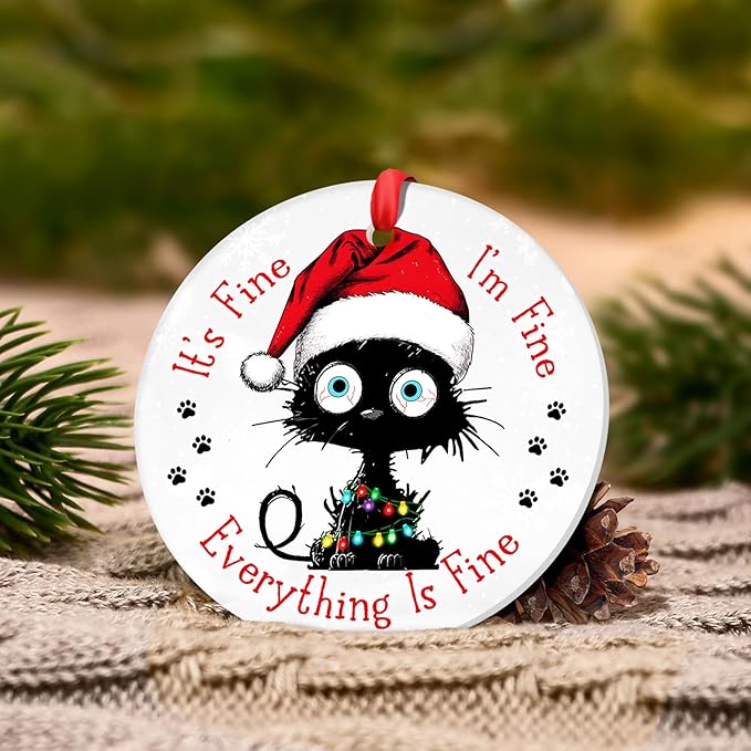 Everything is Fine Cat Ornament – Black Cat Ceramic Hanging Decor 2025, Funny Christmas Ornaments, Coworker Office Keepsake Gift