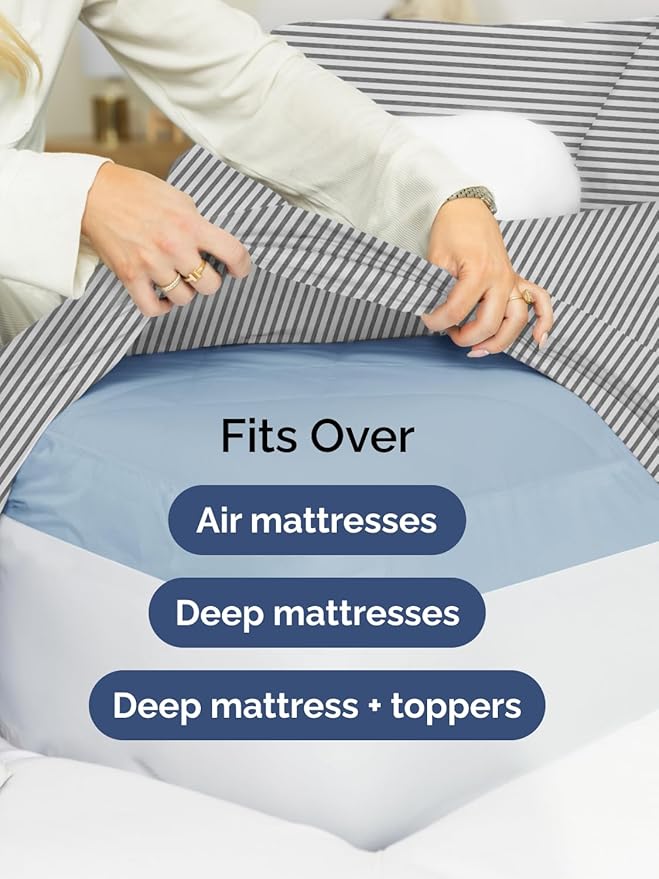 Extra Deep Split King Sheet Set - 7 Piece Breathable & Cooling Sheets - Hotel Luxury Bed Sheets Set - Easy Fit - Soft, Wrinkle Free & Comfy Sheets Set - Grey Striped Sheet Set w/Extra Deep Pockets