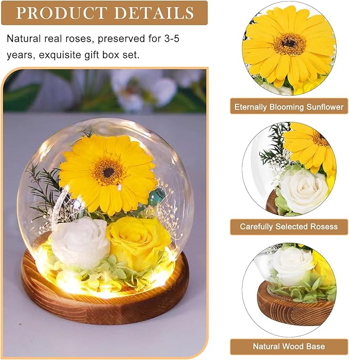 FIACO Sunflower Gifts for Women Preserved Forever Flower Rose in Glass Fresh Flowers for Delivery Mothers Day Birthday Gifts for Mom Grandma Sister Wife Yellow Sunflower Decor
