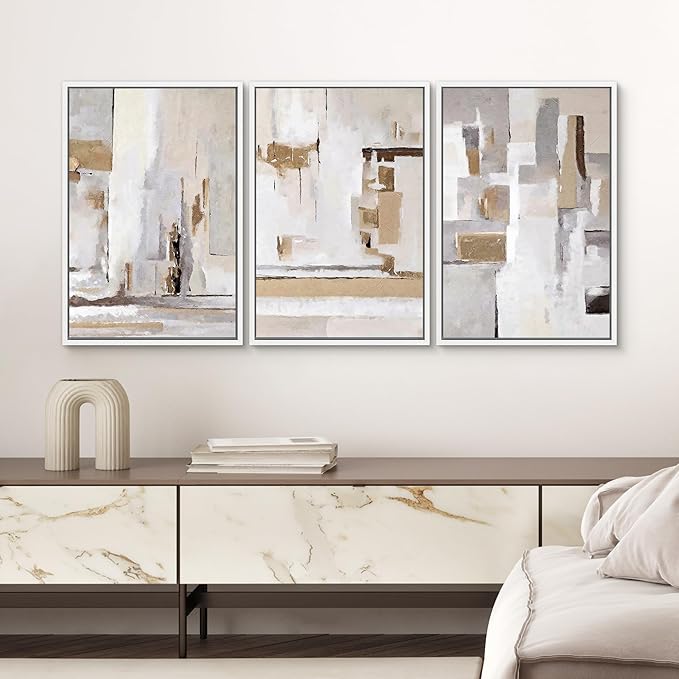 SIGNWIN Framed Canvas Print Wall Art Set Abstract Geometric Neutral Beige and White Illustrations Modern Art Decorative Rustic Calm/Zen for Living Room, Bedroom, Office - 16"x24"x3 White