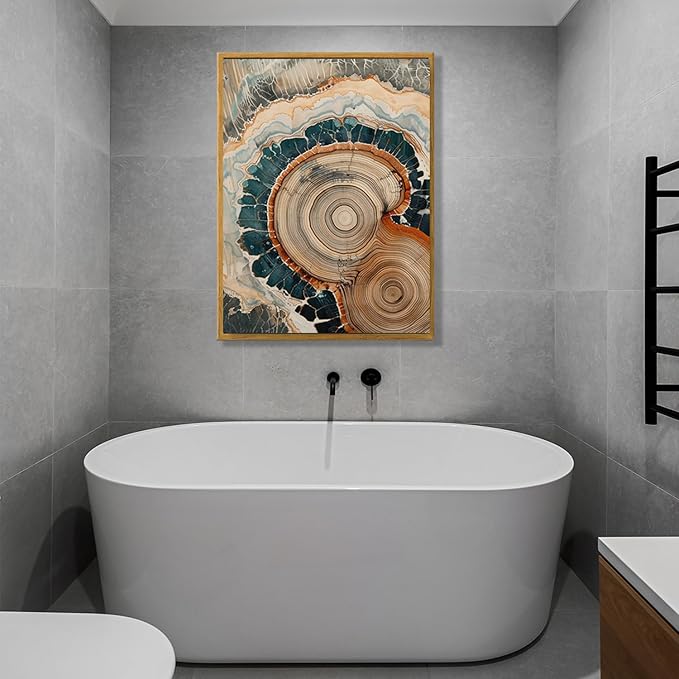 IBHJSART Framed Tree Ring Canvas Wall Art Vintage Colorful Wood Stump Painting Prints Modern Minimalist Pictures Neutral Nature Rustic Farmhouse Decor Living Room Bedroom Bathroom Office