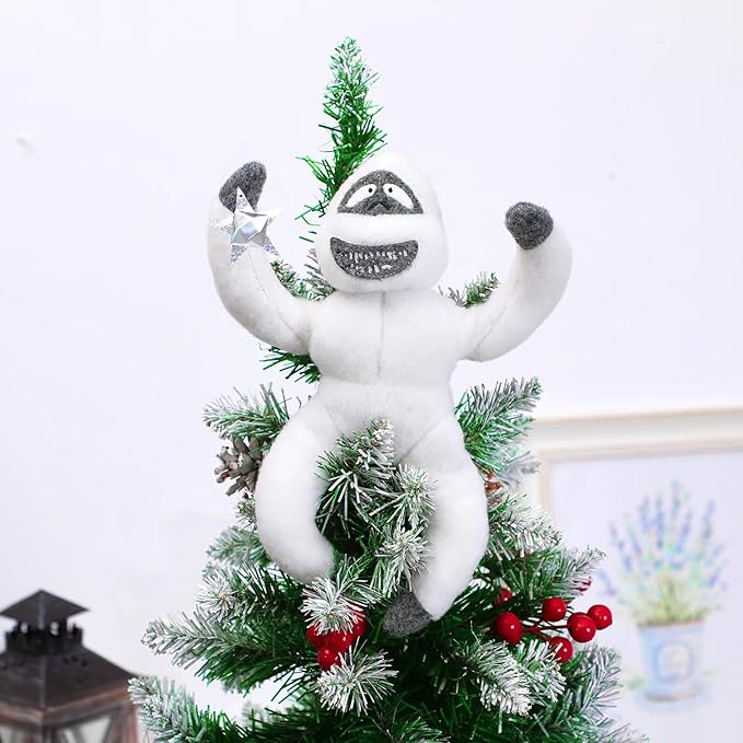 Christmas Tree Topper Abominable Snow Monster Ornament, Poseable Handmade Abominable Chimpanzees Hugger with Star, Can be Hung Snowman Tree Topper Xmas Decorations (White)