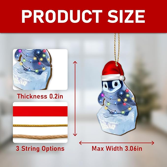 Christmas Ornament - Wooden 2-Side Printed Penguin Hanging Decoration for Tree, Xmas Decor, Gifts for Penguin Lovers