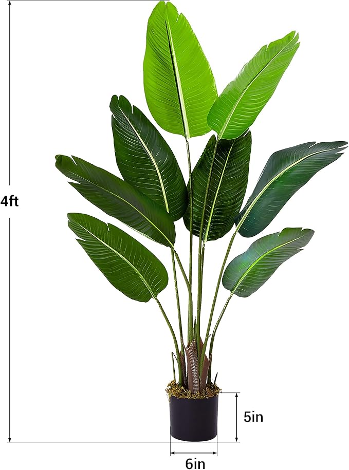 4 Ft Bird of Paradise Artificial Plant, Artificial Tree Faux Tropical Plant Palm Tree with Leaves Trunks Indoor Outdoor Faux Banana Leaf Tree for Home Decor Living Room Office