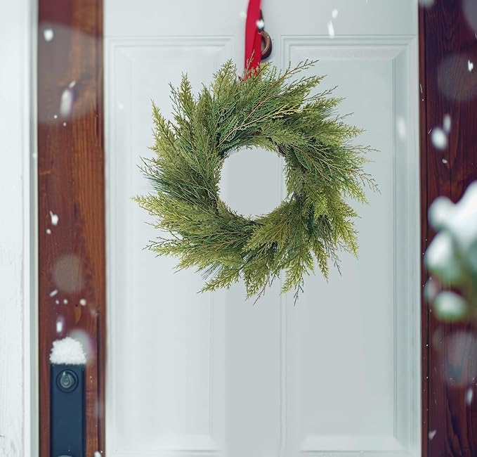 20” Green Faux Norfolk Pine Christmas Winter Wreath – Mixed with Real Touch Fake Cypress, Cedar & Spruce, Xmas Wreaths for Front Door Porch Mantel & Fireplace