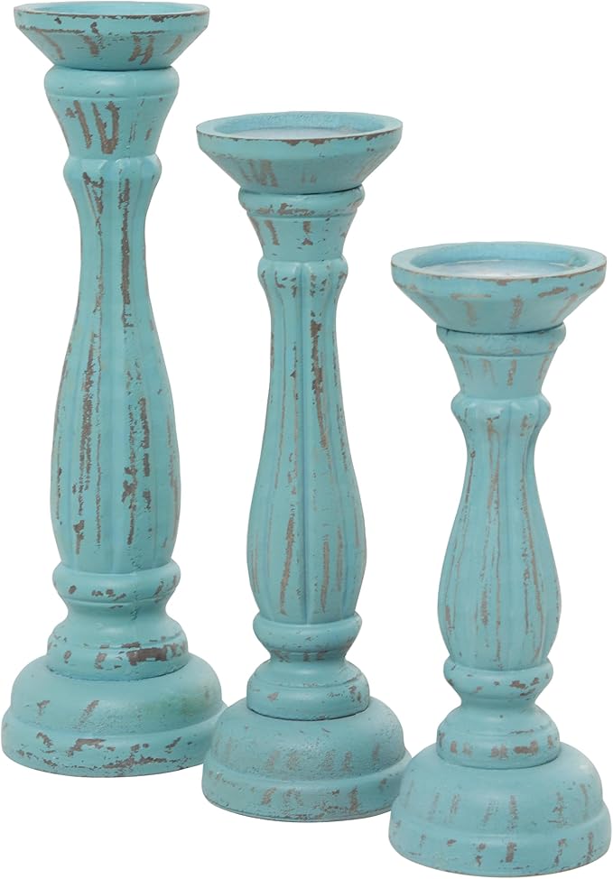 Deco 79 Wooden Decorative Candle Holder Distressed Candle Stand, Set of 3 Candlestick Holder 15", 13", 11"H, Blue