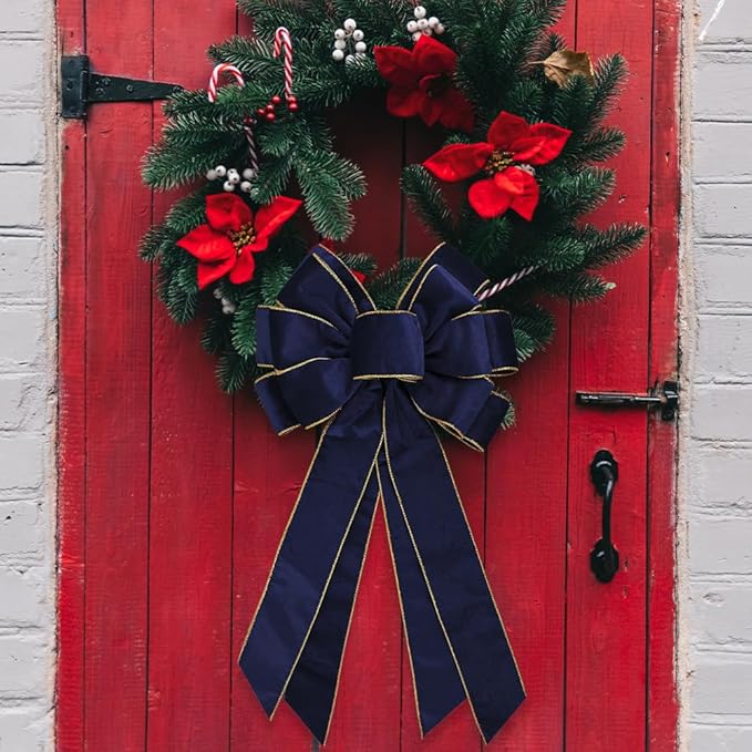 Large Christmas Bow for Wreath 20 * 11inch Vintage Navy Wreath Bow Blue Velvet Tree Topper Ornament Decorative Bows for Wedding Home Outdoor Indoor Party