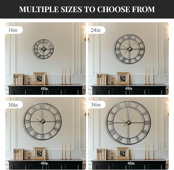 Cuspin 24 Inch Wall Clock Black, Large Decorative Wall Clocks for Living Room, Modern Metal Round Clocks Battery-Operated Completely Silent Non Ticking Roman Number