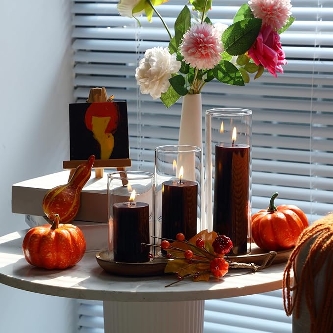 Shihanee Set of 3 Pillar Candles and 3 Glass Cylinder Candle Vases Holders Clear Pillar Jars for Wedding Centerpieces(2.6'' X 4.7'', 5.9'', 7.9'',Black)