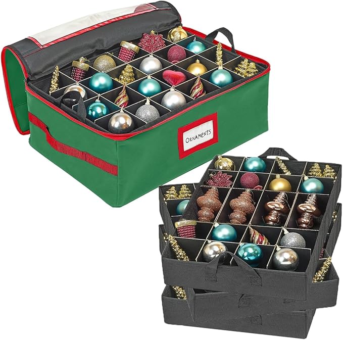 HOLDN’ STORAGE Christmas Ornament Storage Box with Dividers - Fits 72-3” Ornaments, 3 Removable Trays, Durable & Space-Saving, Clear Top Lid, Convenient Storage Designed, Green