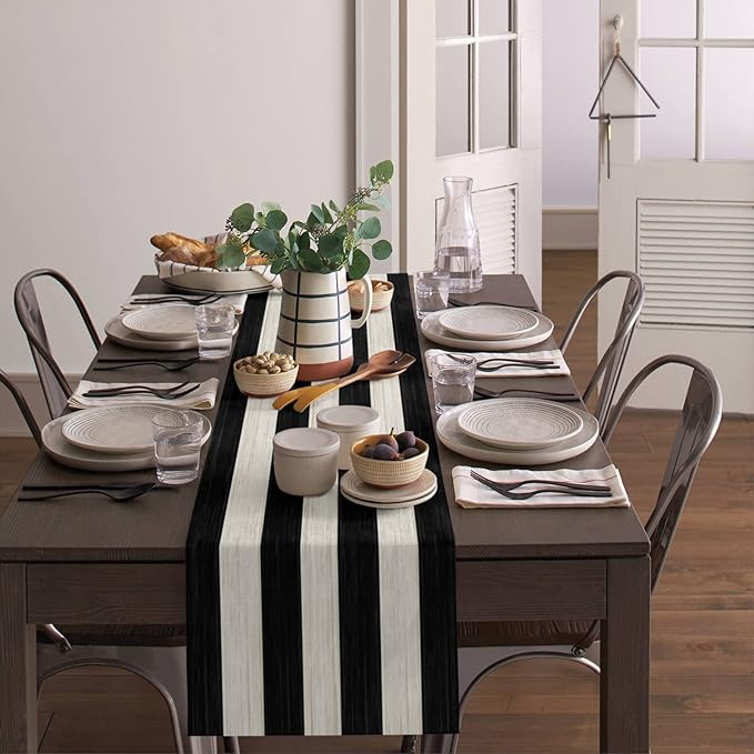 Vandarllin Table Runners 16X72 Inches Long, Black and White Striped,Cotton Linen Farmhouse Retro Rustic Barn Wood Texture Tablecloths Non-Slip Party Table Decorations for Kitchen,Home,Dining,Outdoor,