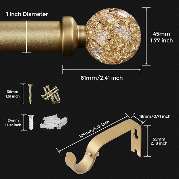 Gold Curtain Rods for Windows 66 to 120 Inch, 1'' Heavy Duty Adjustable Drapery Rod with Unique Crystal Ball Finials, Modern Decorative Curtain Rod,Size; 30-120''