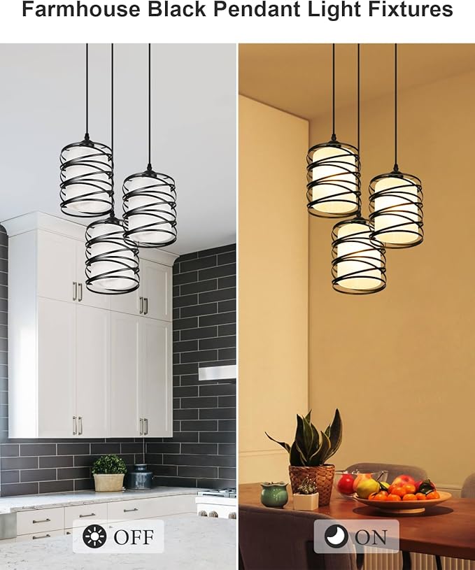 Black Pendant Lights for Kitchen Island 3-Light Pendant Light Fixtures with Frosted Glass Shades, Spiral Iron Kitchen Island Lighting Adjustable Pendant Lighting for Dining Room, Kitchen