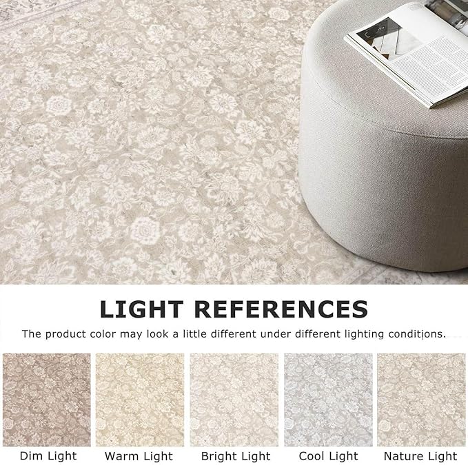4x6 Washable Rug Cream Beige White Grey Small Area Rug for Entryway Soft Non-Slip Indoor Door Rugs Distressed Floral Low-Pile Doormat, Neutral Vintage Carpet for Entrance Kitchen Farmhouse