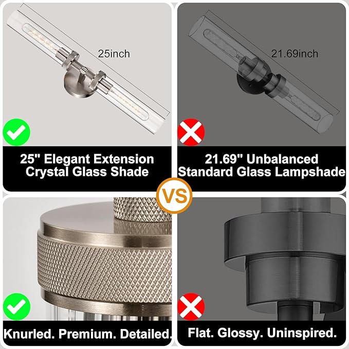 LaLuLa 2-Pack Vanity Lights for Bathroom – Brushed Nickel 2-Light Wall Sconces with Knurled Texture and Clear Glass Shades, Modern Chrome Bathroom Light Fixtures Over Mirror, 25 Inch
