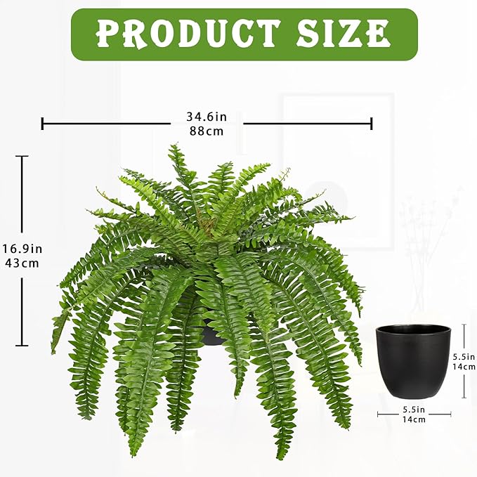 Hollyone Artificial Fern Plants in Pot 34.6" Large Artificial Boston Fern 39 Leaves for Outdoors & Indoor Faux Potted Plant Fake Ferns Bush Plant for Patio Garden Farmhouse Porch Home Decor Green