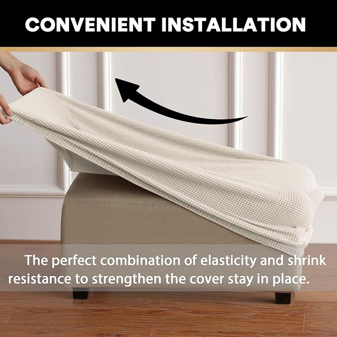 PrinceDeco Stretch Ottoman Cover Slipcovers Rectangle for Living Room Foot Stool Stretch Covers to Fit Ottoman Foot Rest, Checked Jacquard Fabric with Elastic Bottom (Large Size, Biscotti Beige)