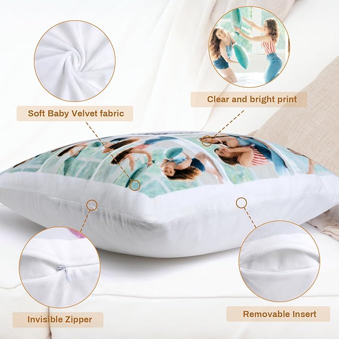 Custom Pillow with Picture & Text - Include Insert, Personalized Gifts for Mothers Day, Custom Photo Pillow Double-Sided Printing | 5 Sizes & 10 Colors Optional, Custom Keepsake Gifts for Loved One
