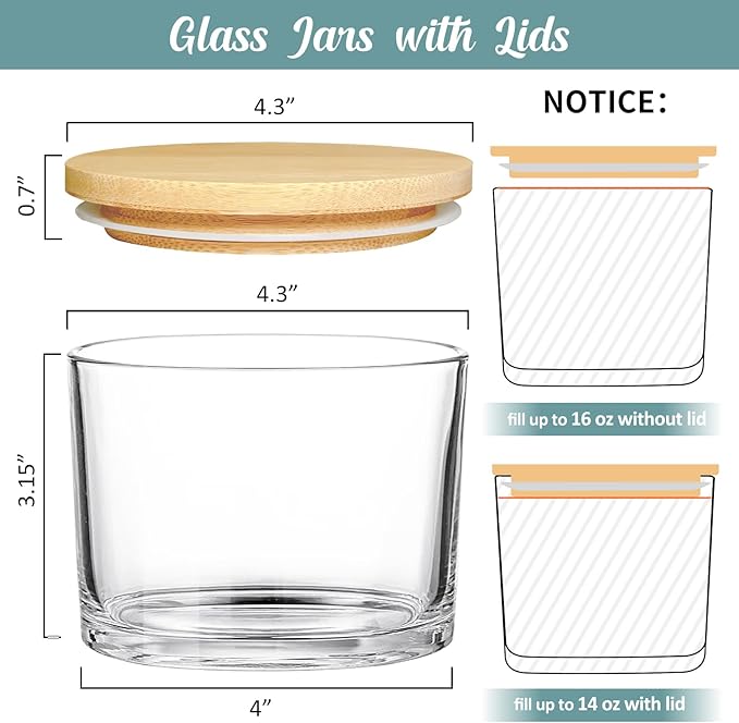 16oz Candle Jars 6 Pack - 3 Wick Large Empty Clear Glass Candle Making Vessels with Bamboo Lids, with Stickers and Labels, Bulk Candle Jars for Making Candles Containers - Dishwasher Safe