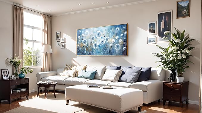 Wall Art Modern Artwork Blue Dandelion Wall Decor Floral Picture Canvas Painting for Living Room Bedroom Dining Room Home Office Decor 20"x40" with Framed