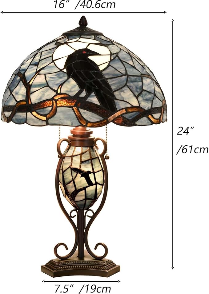 Bieye L10954 Raven Sitting on Bare Tree Branch in Full Moon Night Tiffany Style Stained Glass Table Lamp for Home Decor (Dark Blue, 16Wx24H)