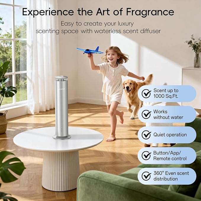 Waterless Scent Diffuser Kit-Include 2x120ml Essential Oils, Essential Oil Diffuser for Home, Hotel & Office, APP&Remote Control, Quiet Operation, Pets and Kids Friendly, Coverage 1000 Sq Ft