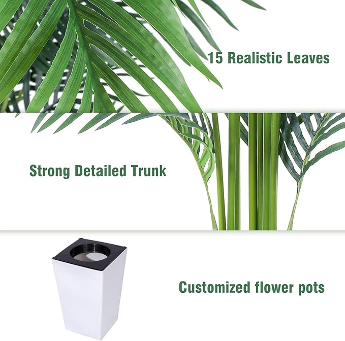 Artificial Palm Tree with White Tall Planter, 6ft Tall Potted Artificial Silk Palm Tree Plant, Fake Tropical Plant, Home Office Floor Room Decor Plants Indoor Outdoor, Housewarming Gift