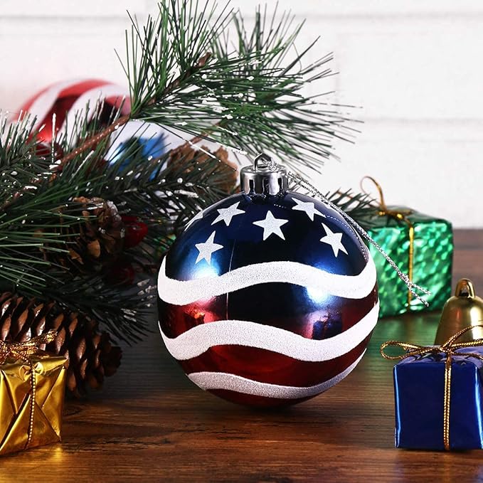 6pcs 3-1/4" (80mm) Patriotic Christmas Ball Ornament, American Flag Hanging Ball, USA Independence Day Fourth of July Ball Party Decor, Holiday Wedding Christmas Tree Decorations