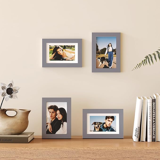 Egofine 4x6 Picture Frames Set of 4, Made of Solid Wood Covered by Plexiglass 3x4.5 and 3.5x5 with Mat or 4x6 without Mat, for Table Top Display and Wall Mounting Photo Frame, Dark Grey
