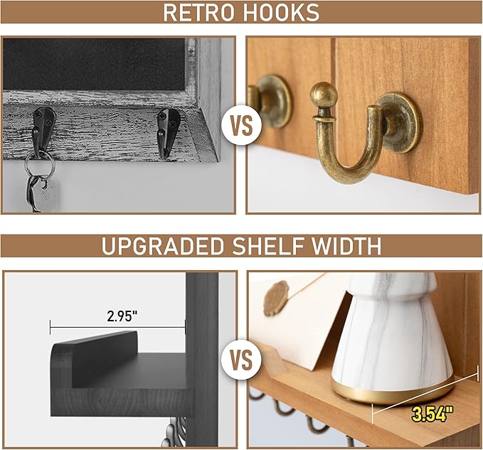 Rebee Vision Decorative Key Holder for Wall Shelf - Farmhouse Wood Wall Hanging Mail Organizer with 7 Sturdy Key Hooks for Home Entryway Decor - Stylish Key Racks (Light Brown,15-inch)