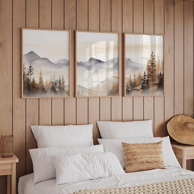 Neutral Mountain Wall Art Decor Set of 3 Forest Canvas Wall Art Poster Landscape Wall Art Artwork Modern Pictures Abstract Painting Watercolor Prints for Living Room Bedroom 12x16 Inch Unframed