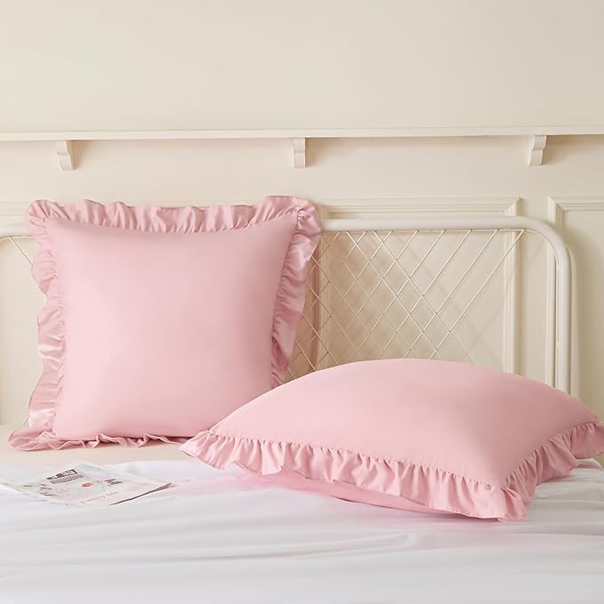 KKJIAF Ruffle Pillow Cases 26x26 Inches, Light Pink Square Ruffled Pillow Covers Set of 2, Microfiber Wrinkle Resistant Pillow Shams with Envelope Closure for Sofa Bed Living Room