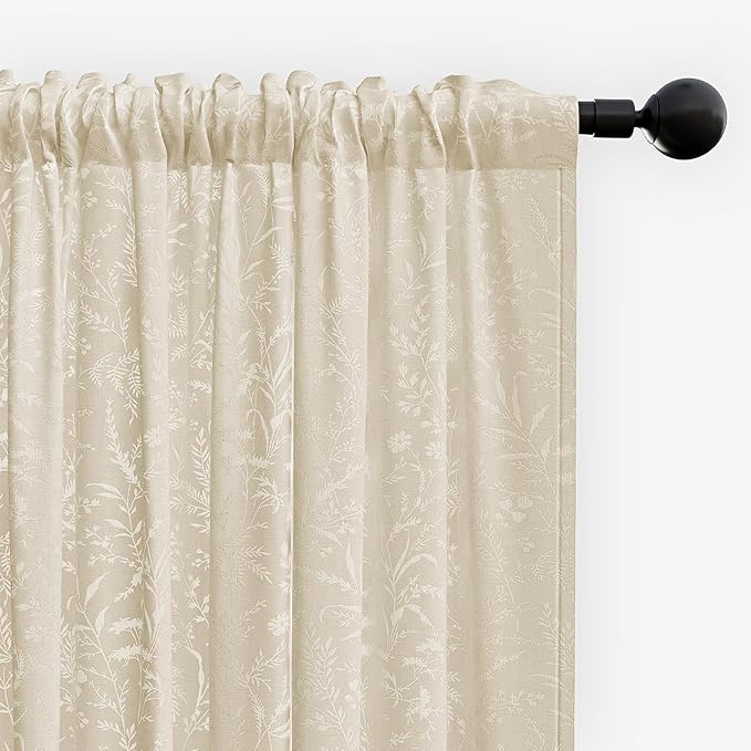 Anmao Taupe Semi Sheer Light Filtering Curtains 90 Inches Long 2 Panels, Leaf Pattern Drapes for Living Room Bedroom, Rod Pocket Sheer Window Treatments with Floral Design, 52x90 Inch