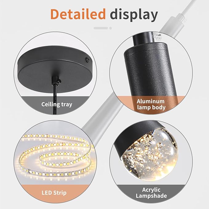 Modern Black LED Pendant Light, Kitchen Island Ceiling Hanging Lights, Teardrop Bubble Crystal, 3 Color 2700K/4500K/6500K, Bedside Small Chandeliers Lamps for Bar, Dining Room, Bathroom, Hallway