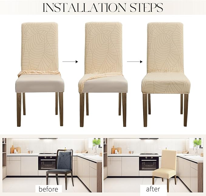 MOSAYT 100% Waterproof Dining Room Chair Covers Set of 6, Super Fit Stretch Jacquard Parson Chairs Slipcovers Removable Washable Chair Seat Protectors for Home, Kitchen, Banquet (Beige)