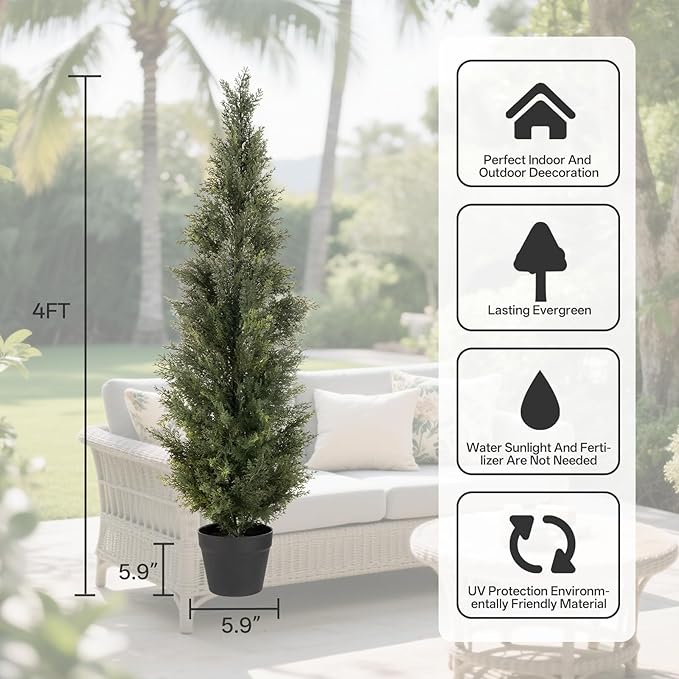 4FT Artificial Cedar Topiary Trees, 2Pack Lifelike UV Protected Faux Cedar Tree Fake Cypress Trees Evergreen Plants for Front Door Decor, Porch, Garden, Entryway