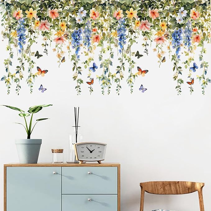 Elegant Floral & Butterfly Wall Decals – Watercolor Botanical Vine Border Stickers, Removable Vinyl Wall Art for Living Room, Bedroom, Bathroom, or Hallway Decor